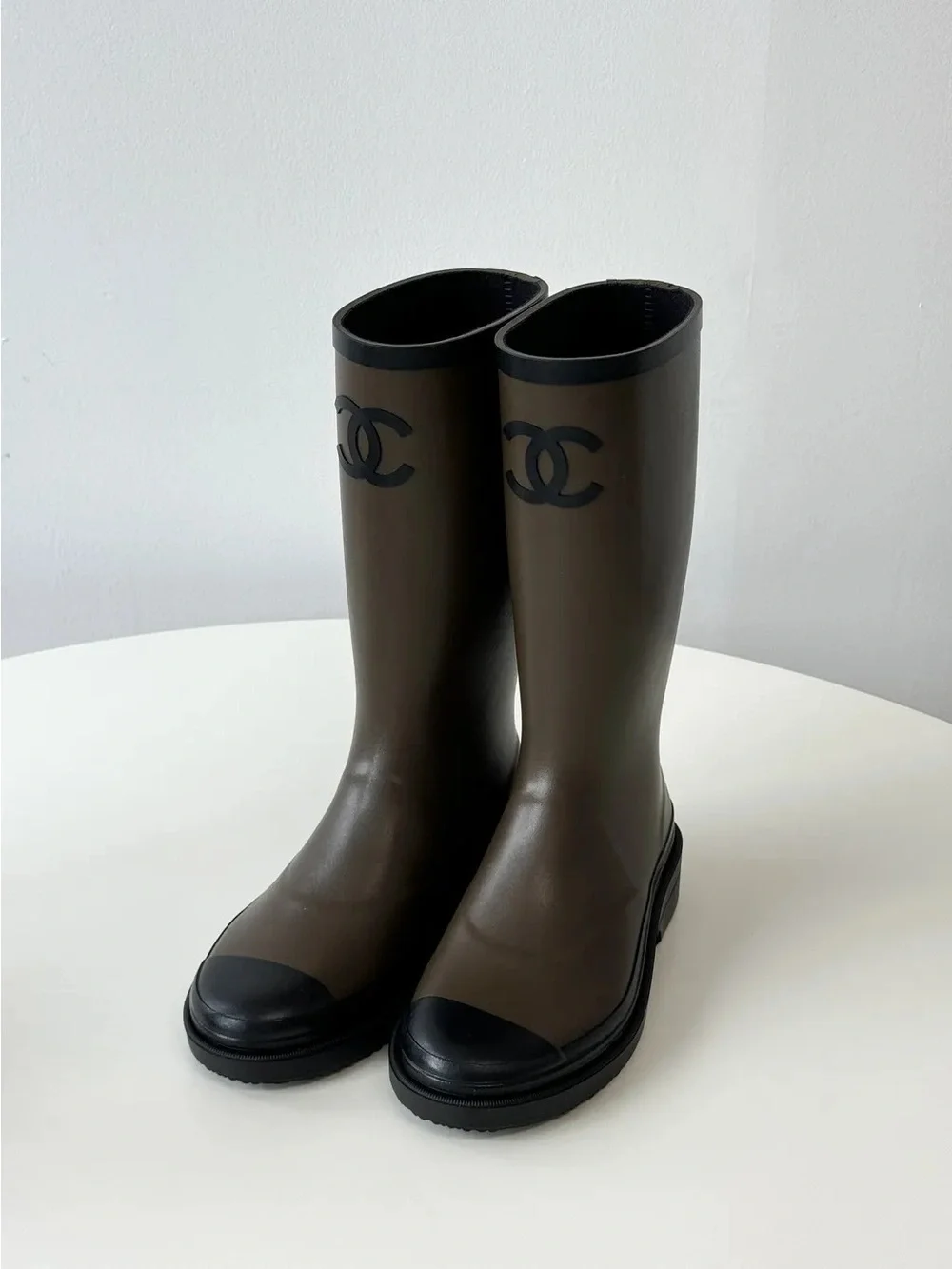CHANEL Olive Green and Black CC Rainboots